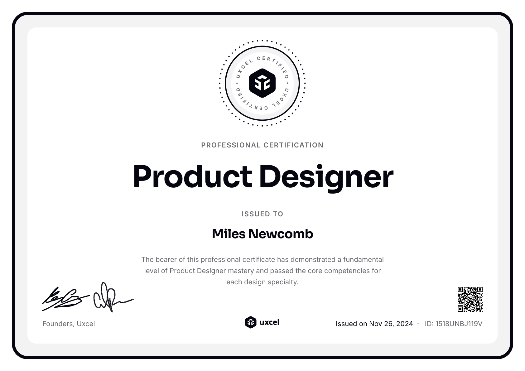 Miles Newcomb's certificate